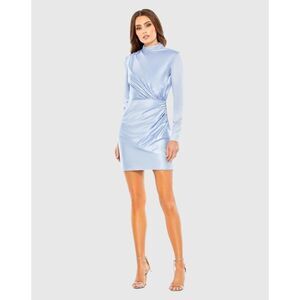 Mac Duggal LEENA mock neck draped mini long sleeve dress powder blue US 2 $258